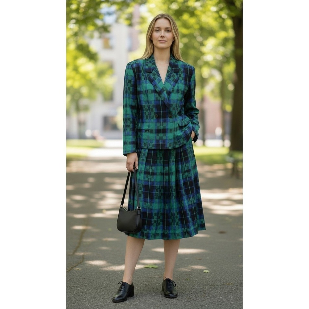 Vintage‎ Plaid Wool Skirt Suit Set Green Tartan GrandmaCore Secretary Preppy M